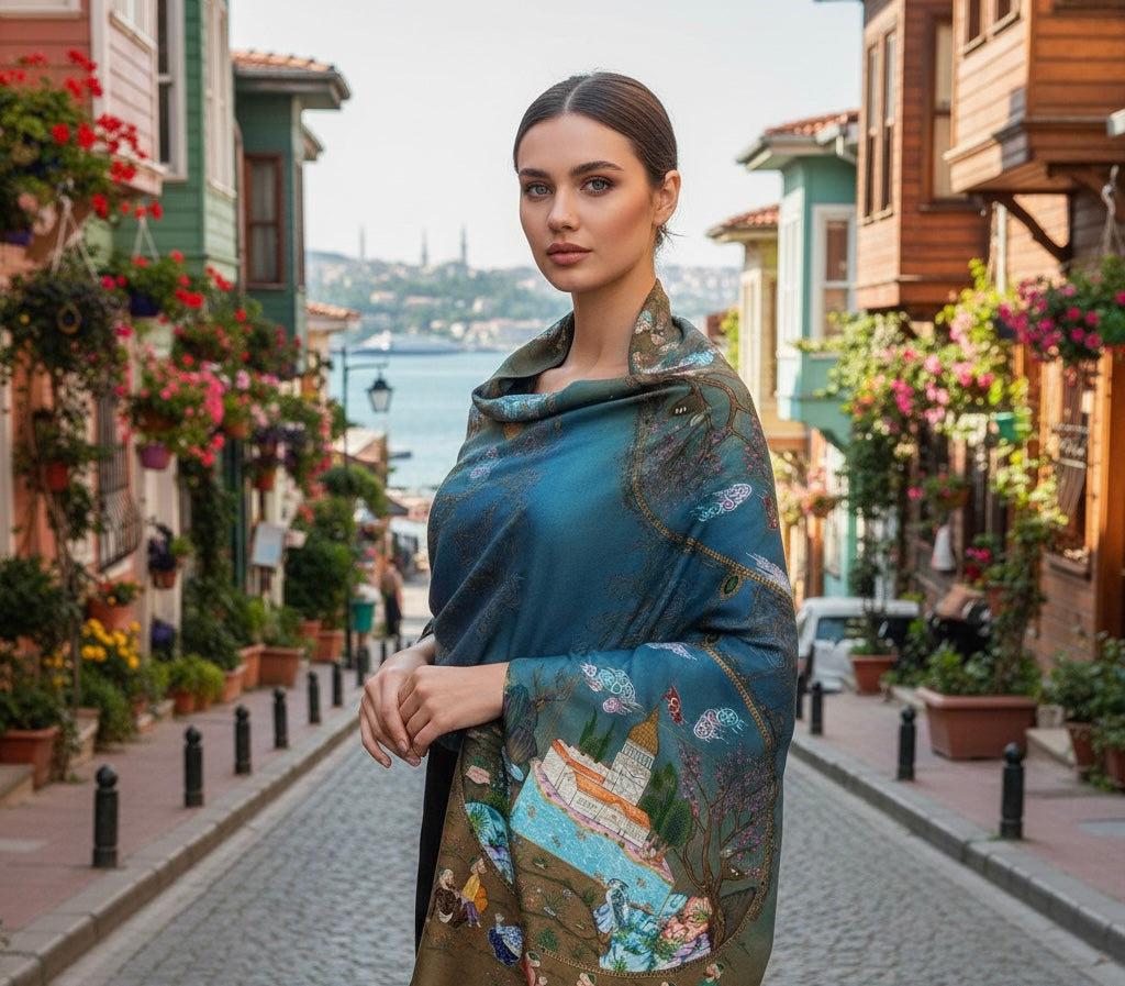 Seyr-i Üsküdar Serisi Minyatür Desen Soft Pamuk Lacivert Şal
