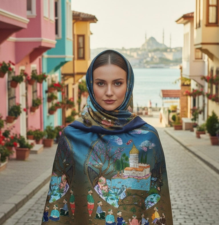 Seyr-i Üsküdar Serisi Minyatür Desen Soft Pamuk Lacivert Şal