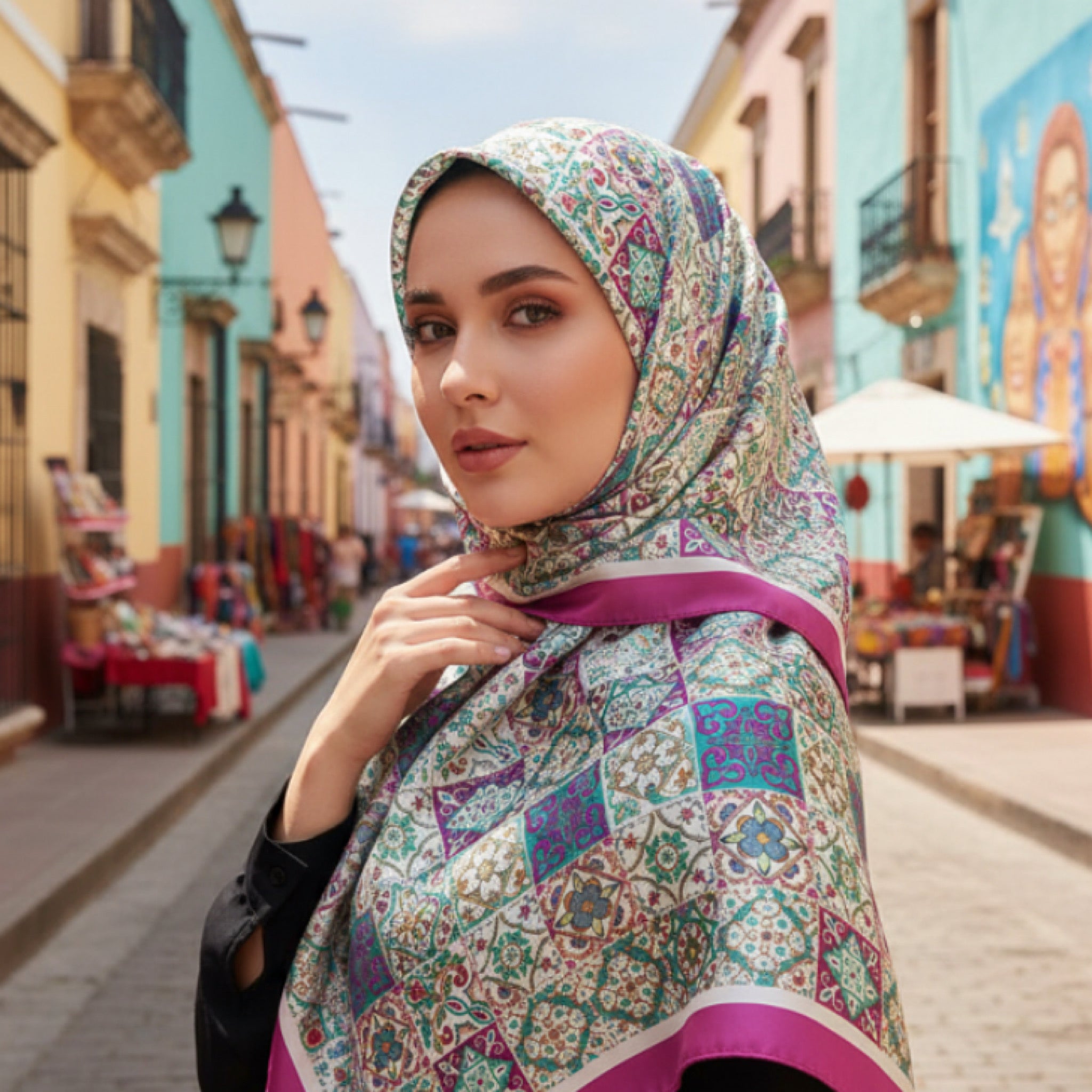 Mozaik Serisi Minyatür Desen Pembe Bordür Eşarp