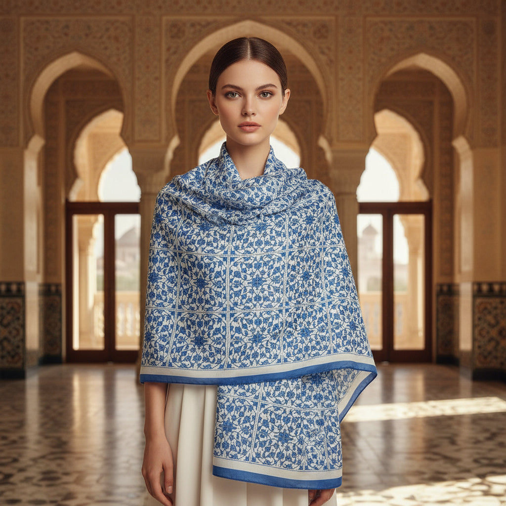 Çini Desen Mavi Soft Pamuk Şal