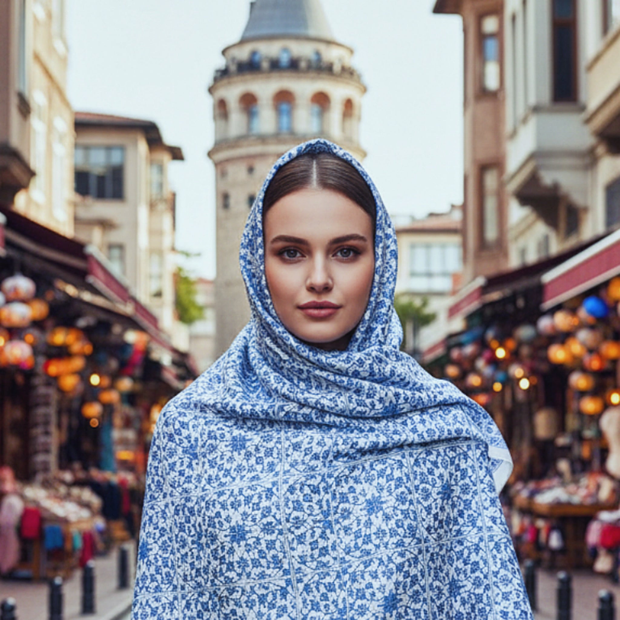 Çini Desen Mavi Soft Pamuk Şal