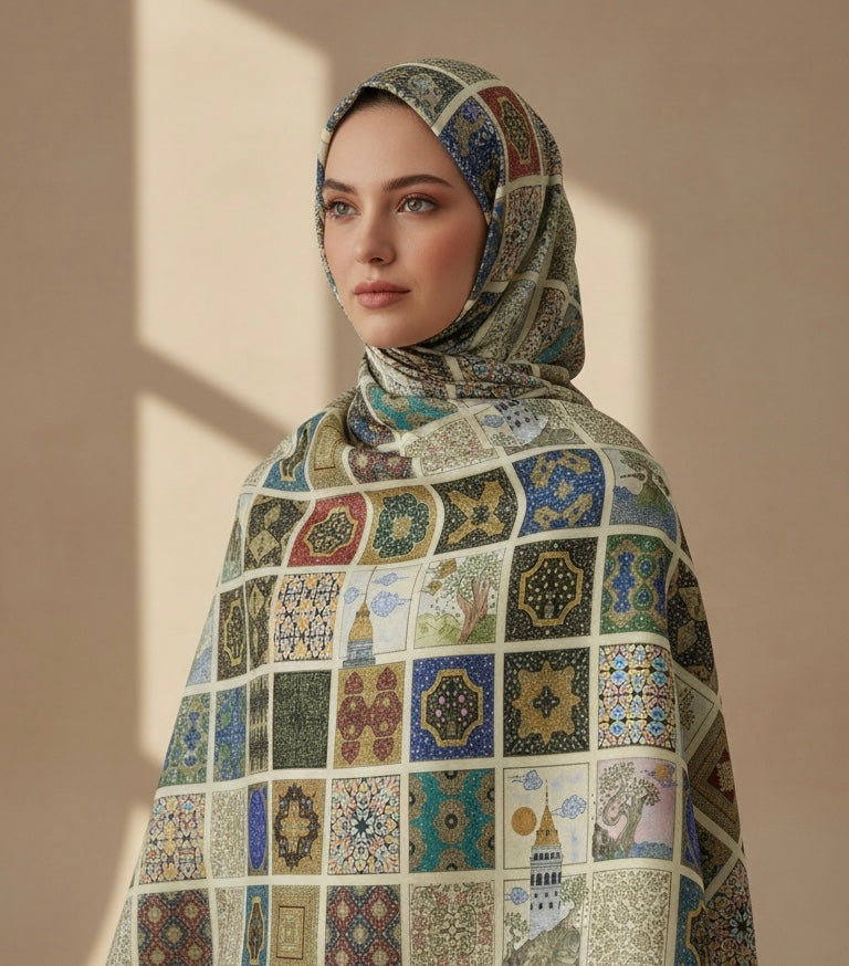 Kareler Serisi Minyatür Desen Soft Pamuk Şal