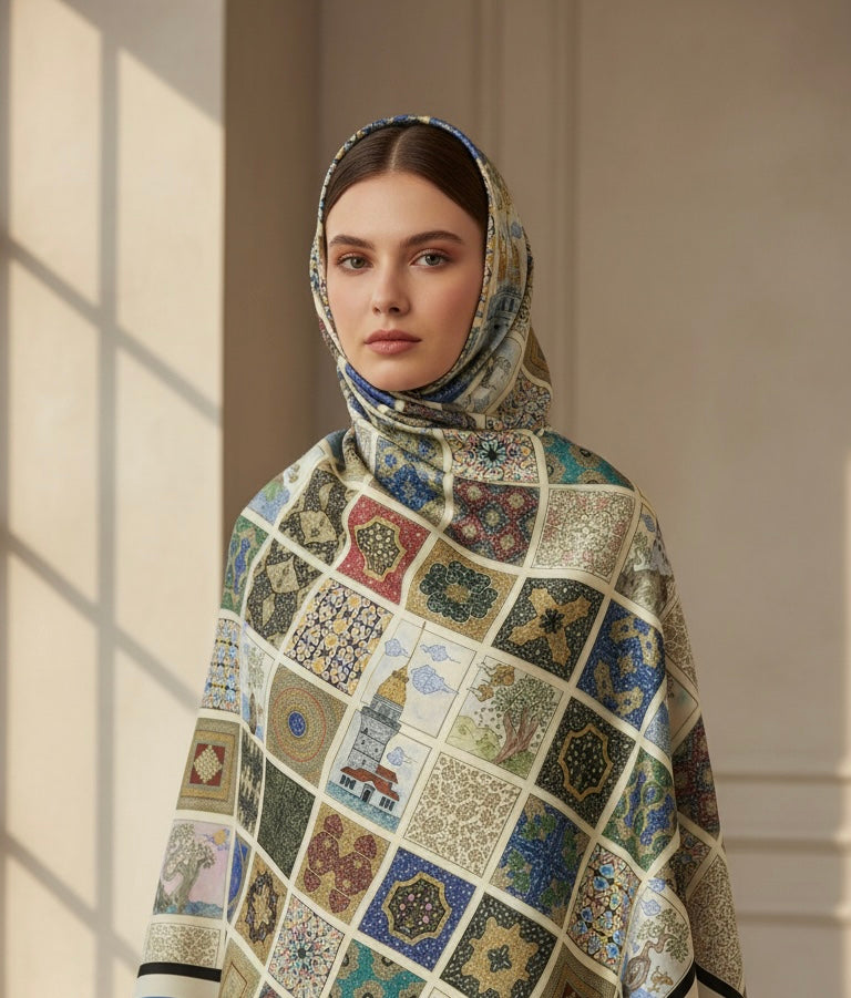 Kareler Serisi Minyatür Desen Yeşil Bordür Eşarp