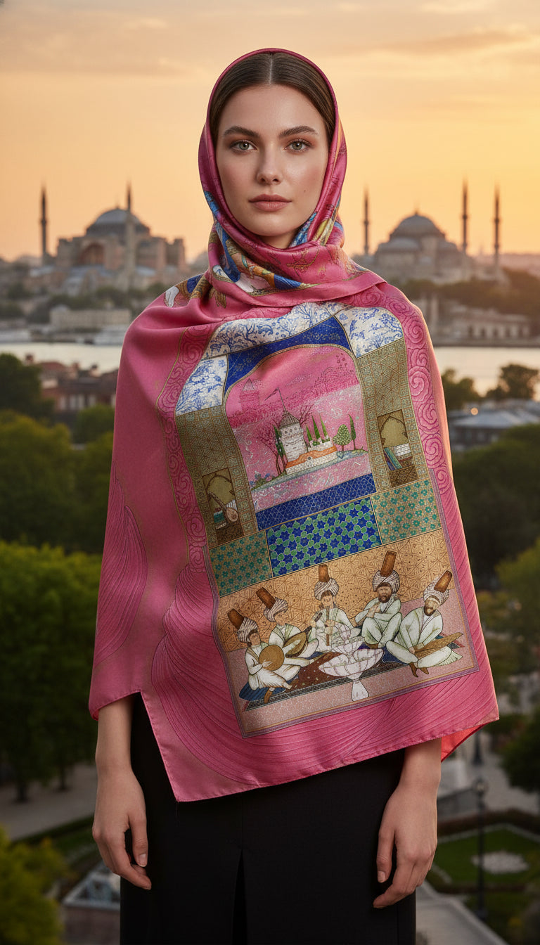 Musikişinas Serisi Minyatür Desen Soft Pamuk Pembe Şal