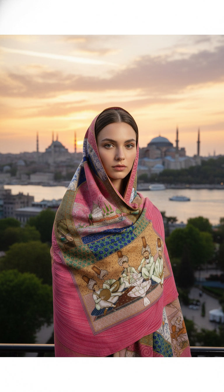 Musikişinas Serisi Minyatür Desen Soft Pamuk Pembe Şal