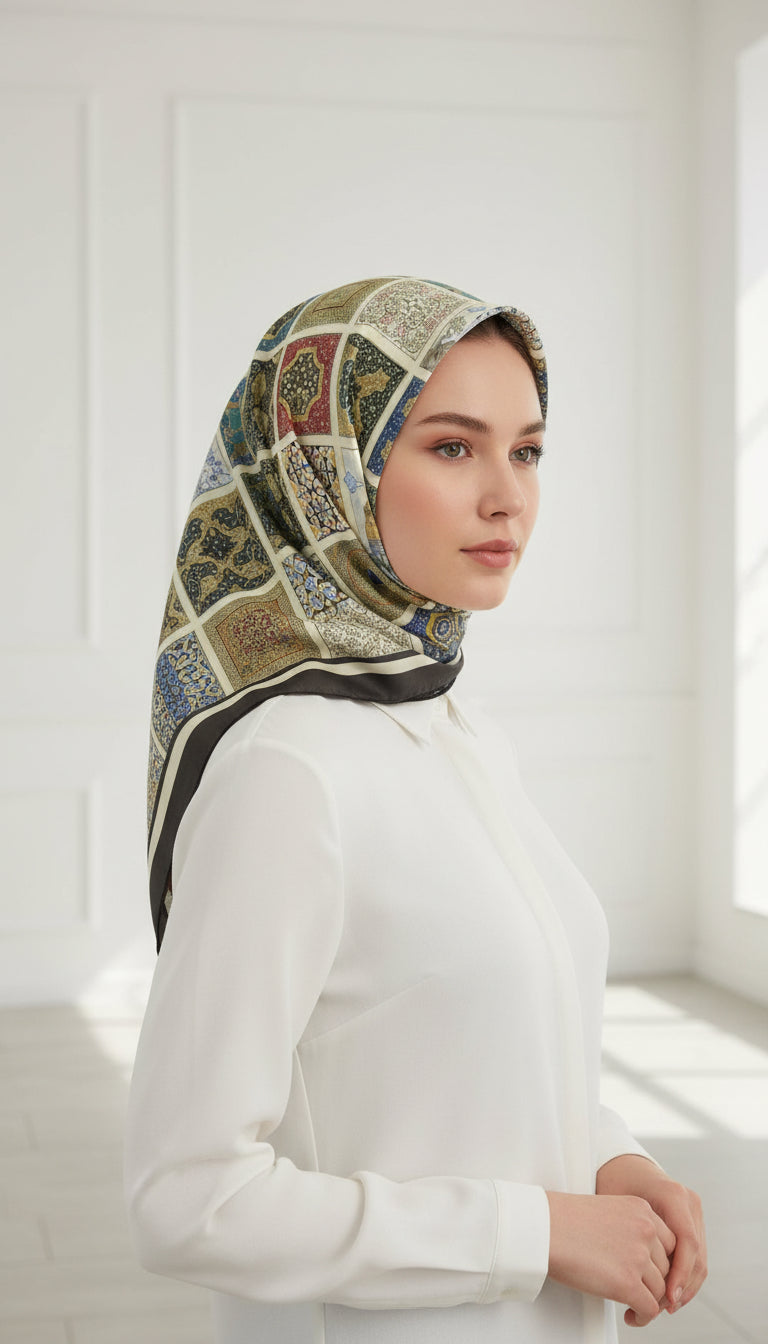 Kareler Serisi Minyatür Desen Siyah Bordür Eşarp