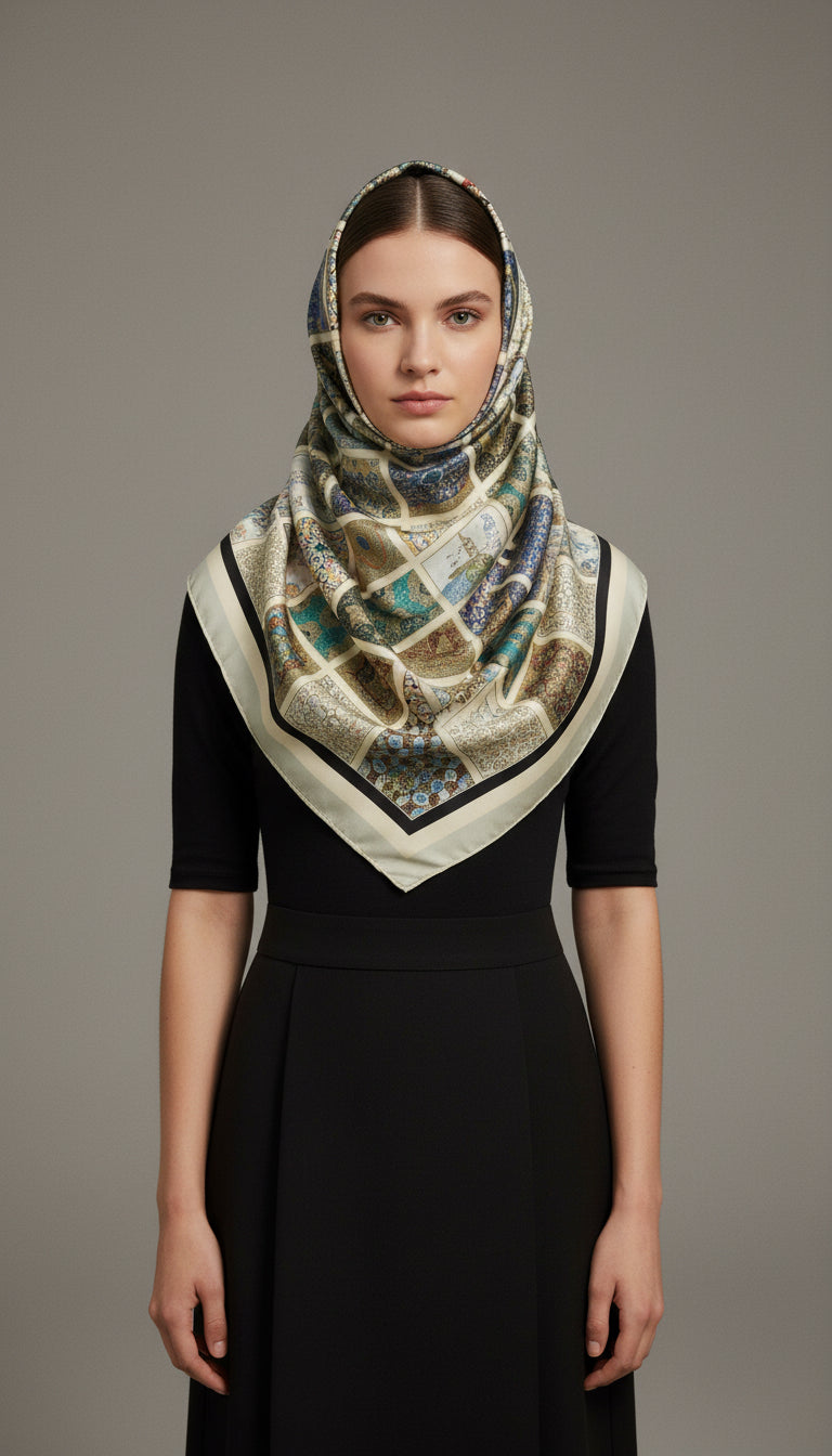 Kareler Serisi Minyatür Desen Siyah Bordür Eşarp