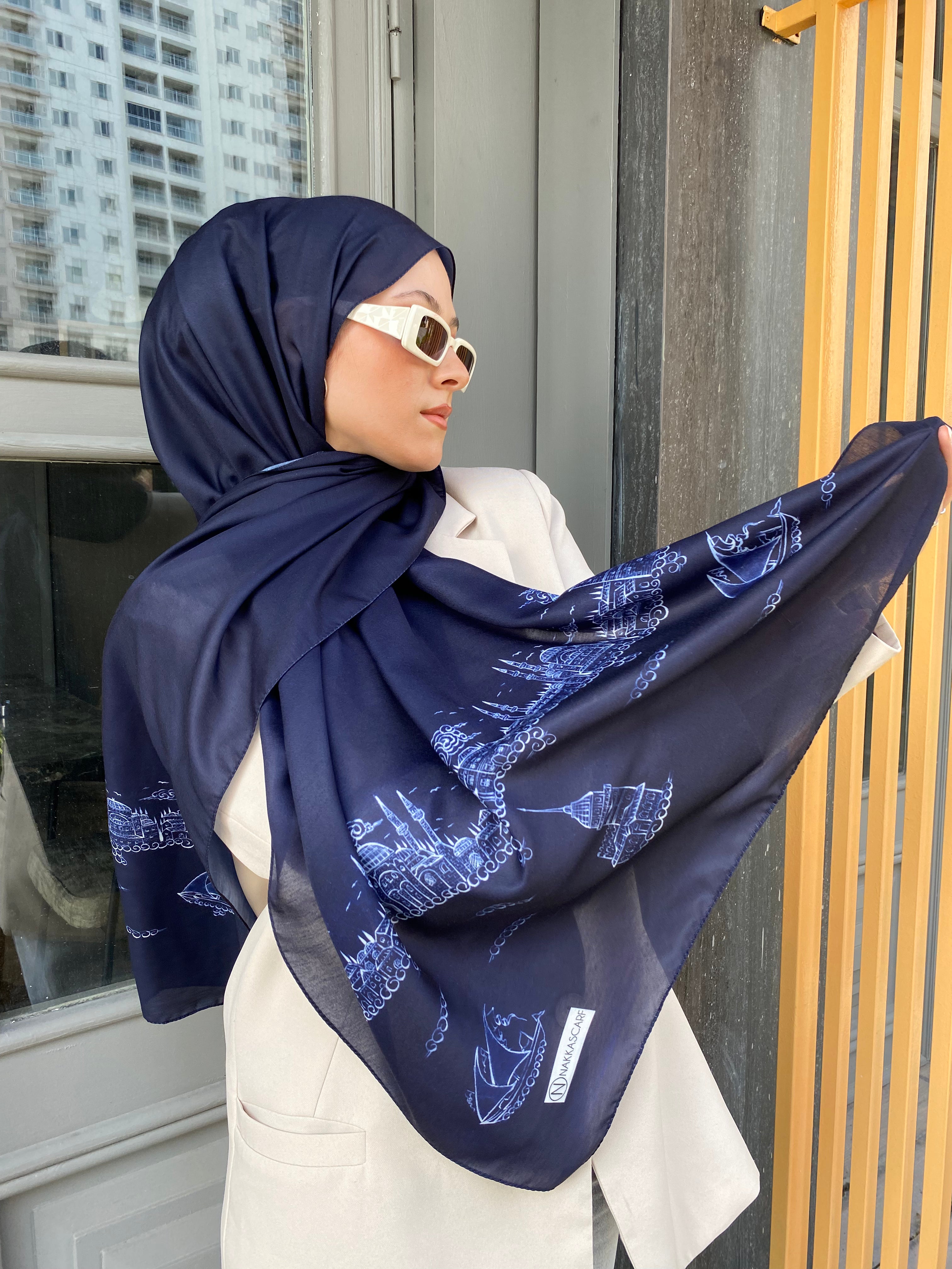 İstanbul Serisi Minyatür Desen Soft Pamuk Lacivert Şal