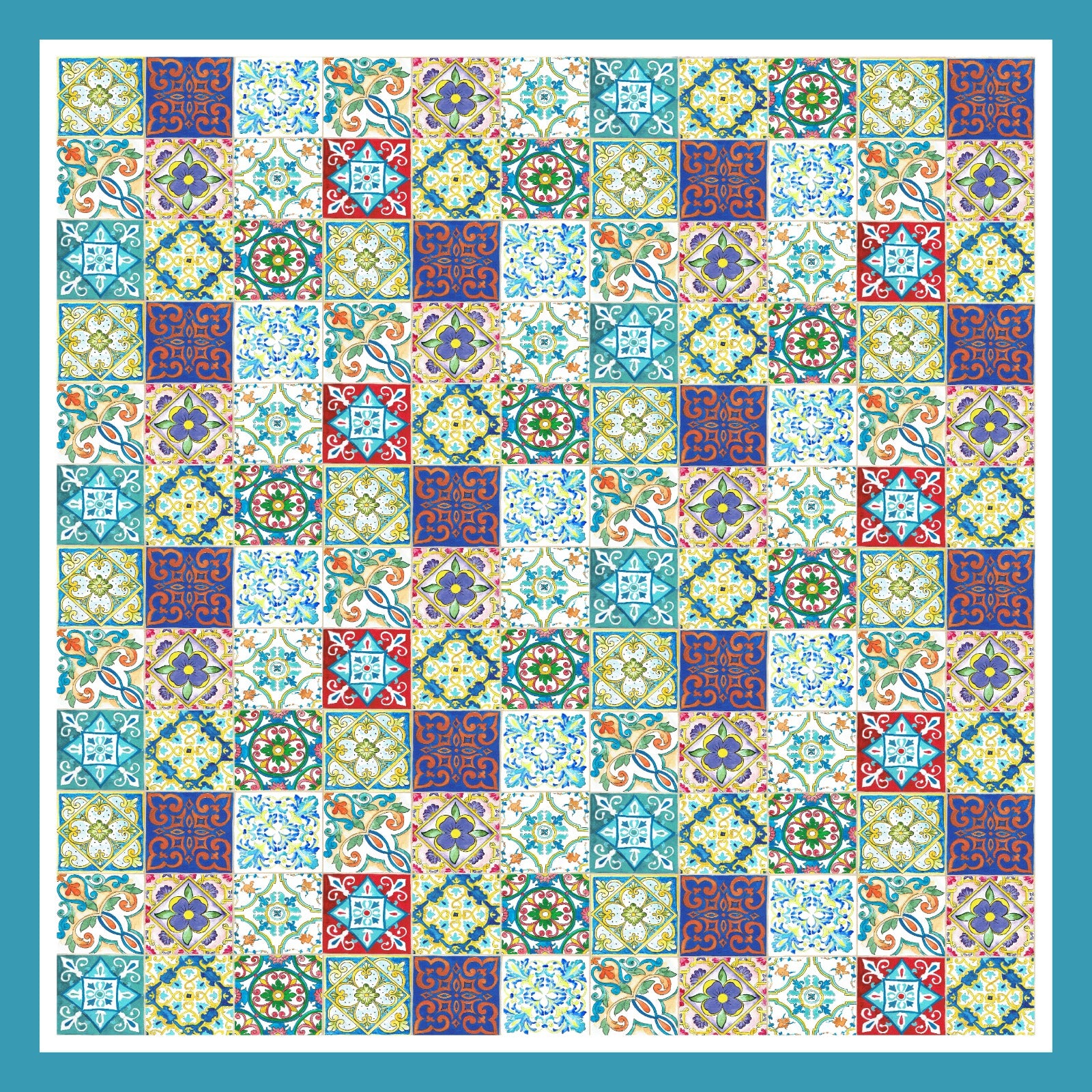 Mozaik Serisi Minyatür Desen Mavi Bordür Eşarp