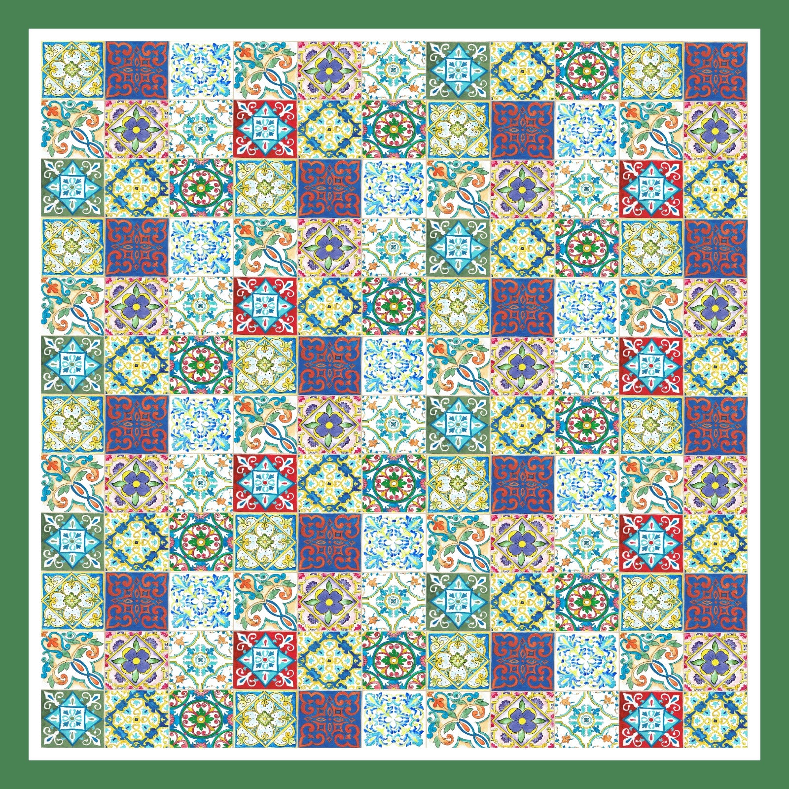 Mozaik Serisi Minyatür Desen Yeşil Bordür Eşarp