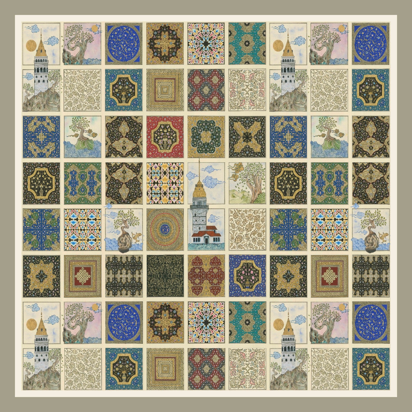 Kareler Serisi Minyatür Desen Yeşil Bordür Eşarp