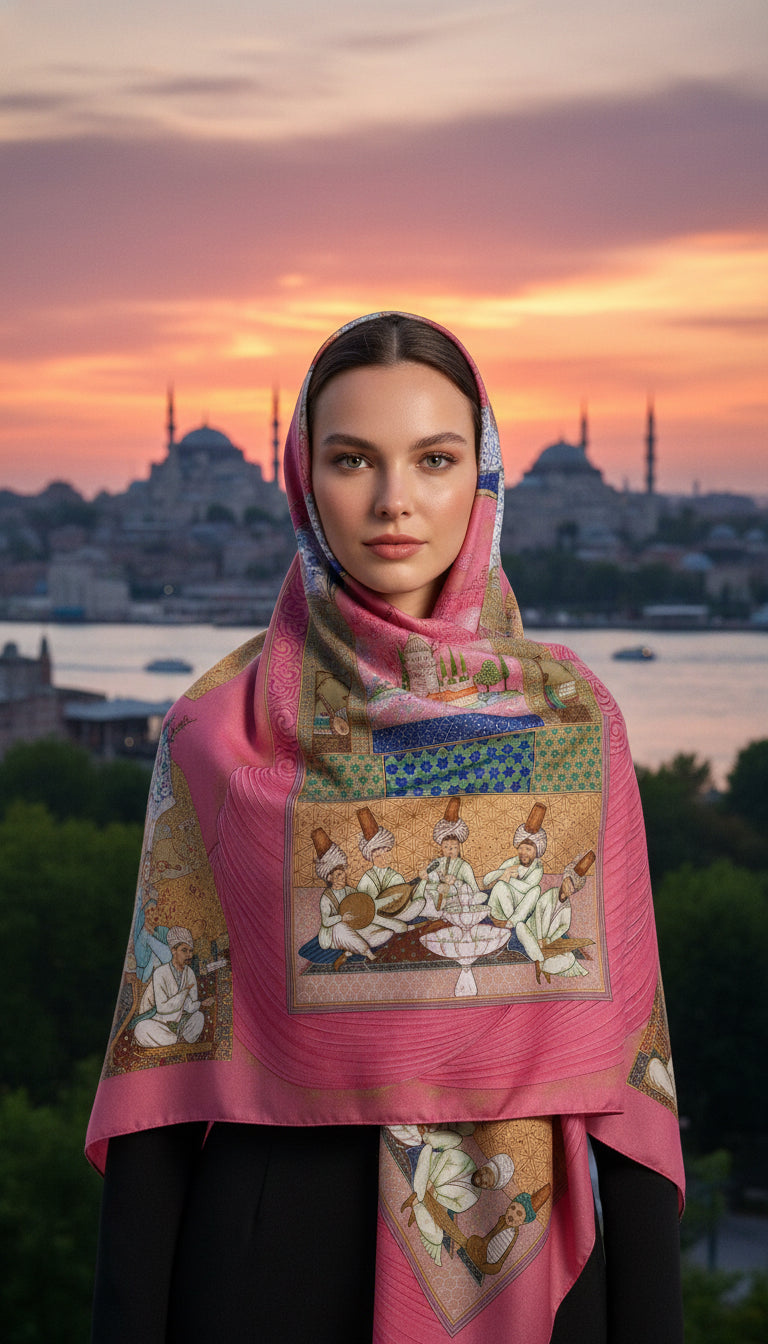 Musikişinas Serisi Minyatür Desen Soft Pamuk Pembe Şal