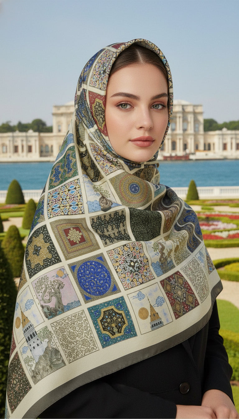 Kareler Serisi Minyatür Desen Yeşil Bordür Eşarp