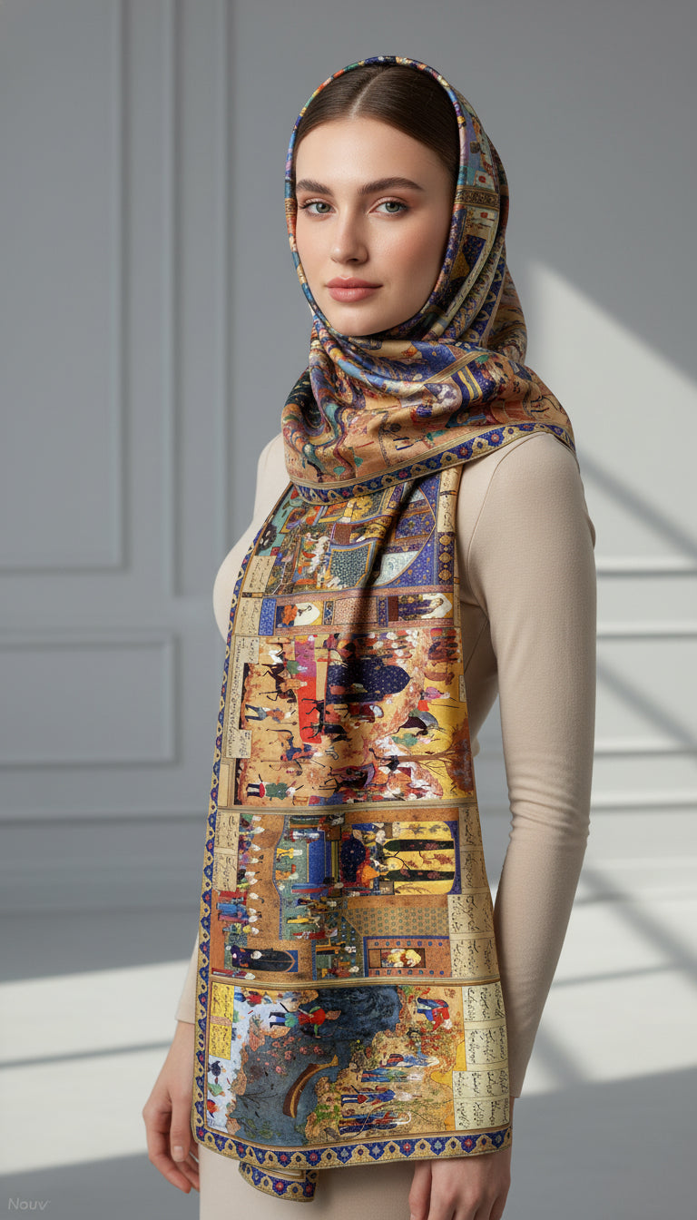 Persian Serisi Şehname Minyatür Desen Soft Pamuk Şal