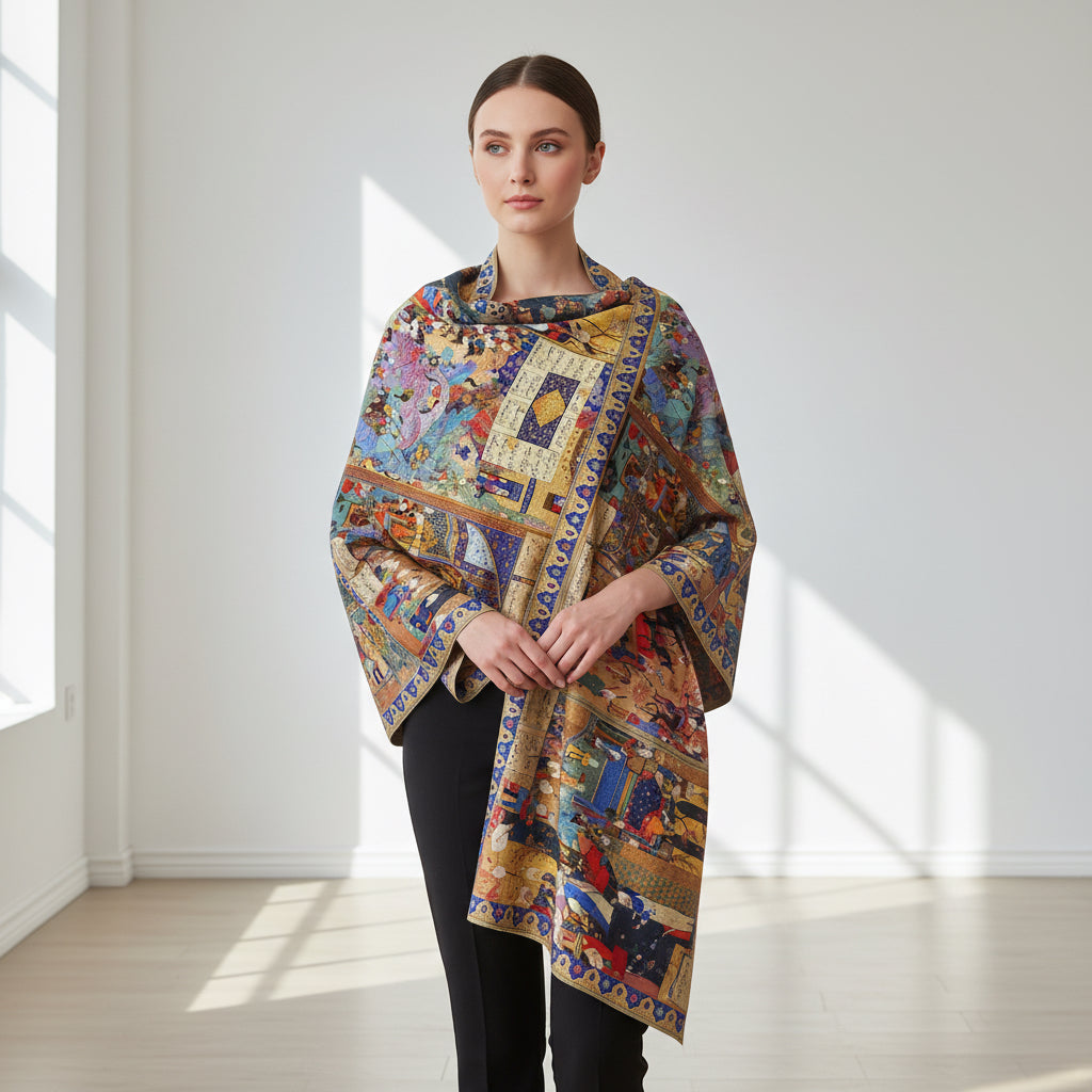 Persian Serisi Şehname Minyatür Desen Soft Pamuk Şal