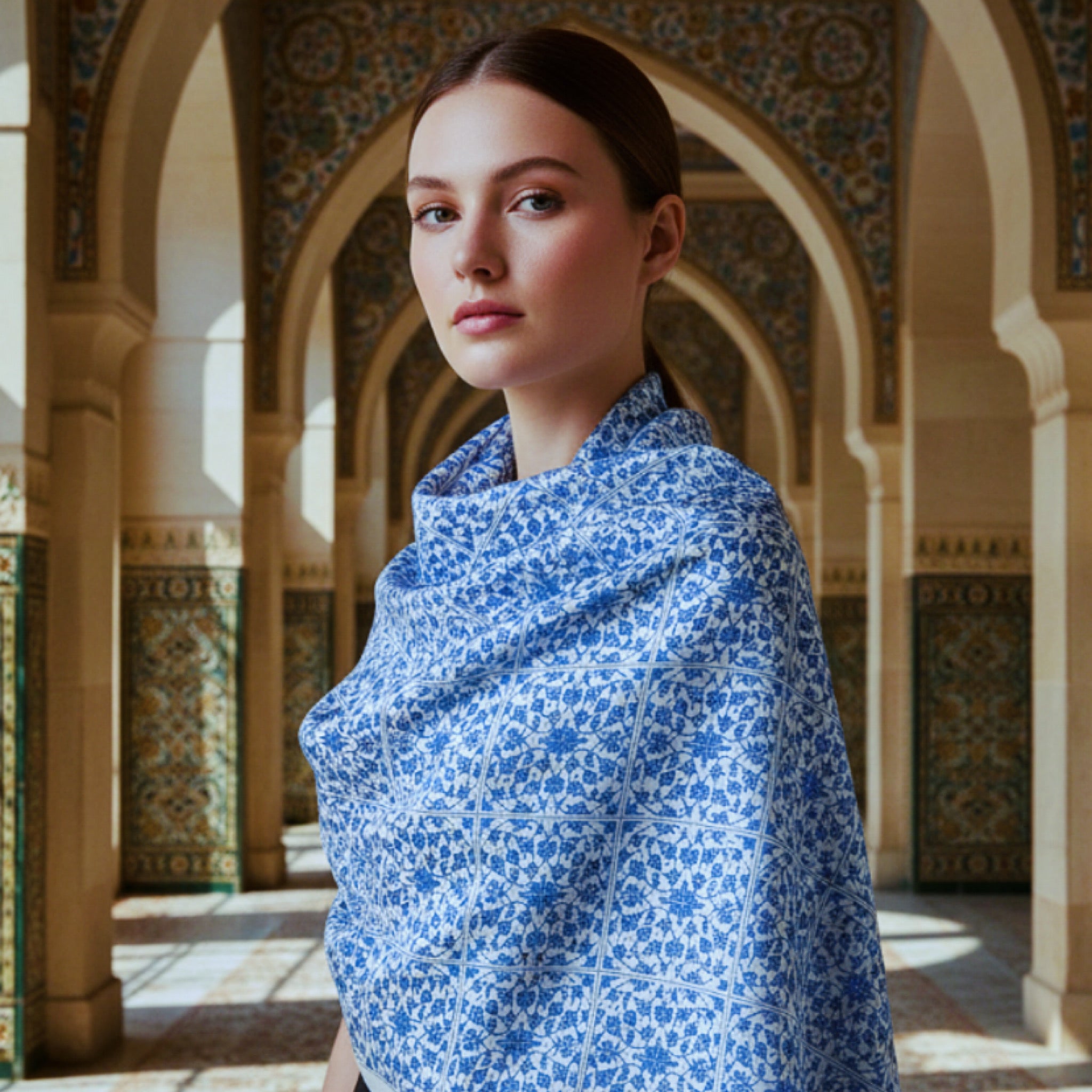 Çini Desen Mavi Soft Pamuk Şal