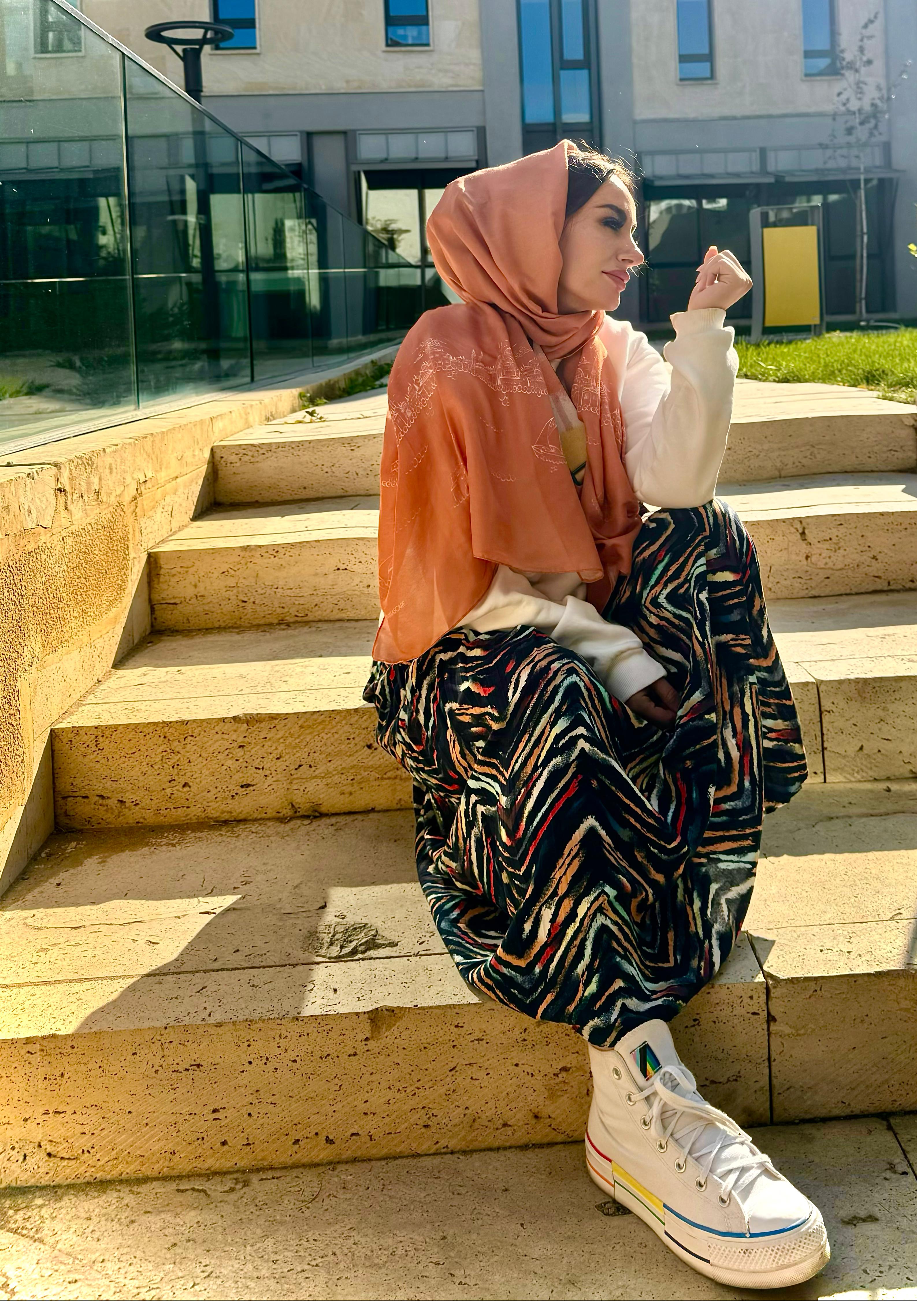 İstanbul Serisi Minyatür Desen Soft Pamuk Peach Fuzz Şal