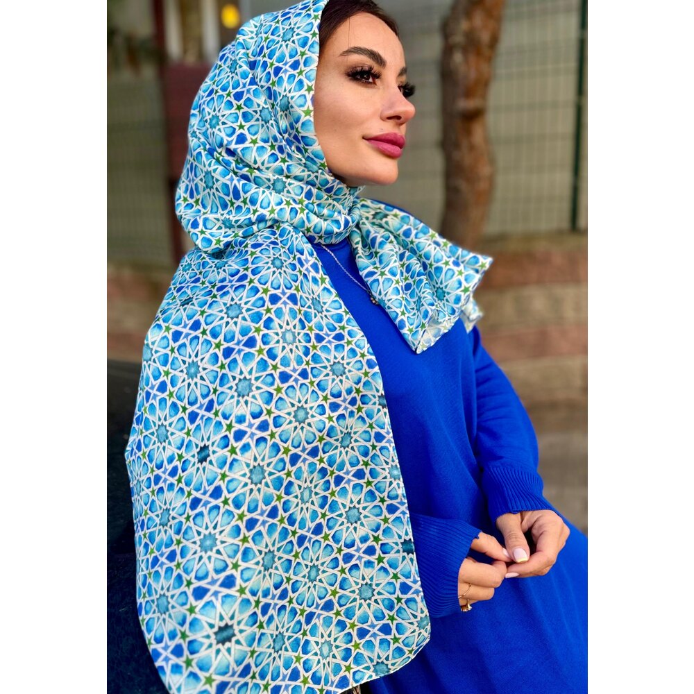 Selçuklu Serisi Minyatür Desen Soft Pamuk Mavi Şal